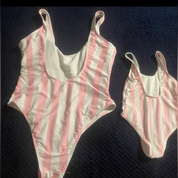 Mommy and Me Matching Swimsuits, Pink and White stripe, pineapple design - Picture 2 of 3